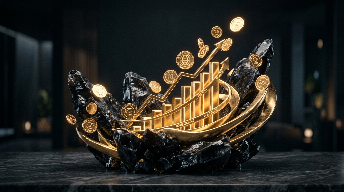 Sculptură 3D reprezentând creșterea capitalului și dinamica financiară în stil Obsidian și Aur